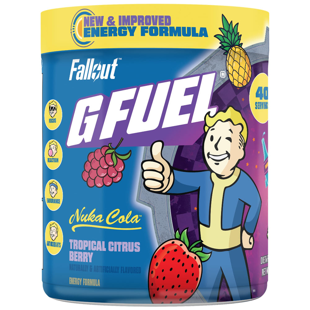 G Fuel Nuka Cola 2.0 tub label highlighting sugar-free energy for clear focus.
