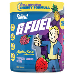 G Fuel Nuka Cola 2.0 tub label highlighting sugar-free energy for clear focus.