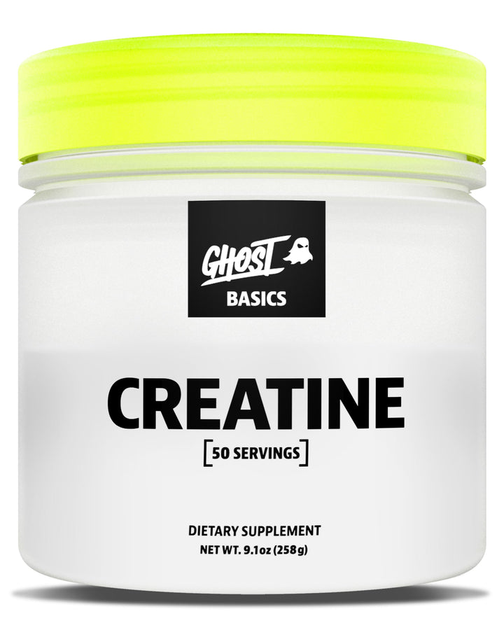 Ghost Basics Creatine powder tub with label highlighting transparent dosing for clarity and trust.