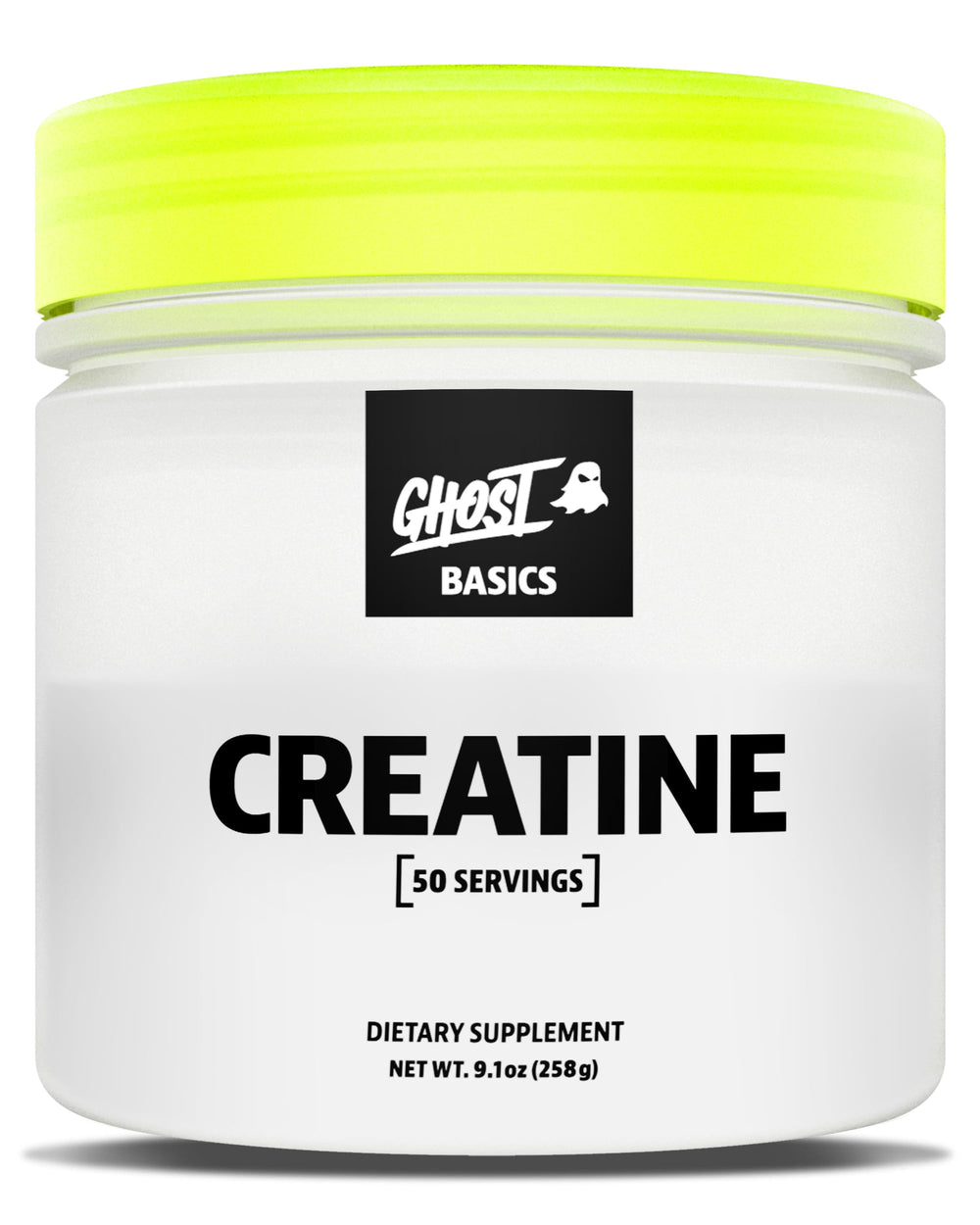 Ghost Basics Creatine powder tub with label highlighting transparent dosing for clarity and trust.