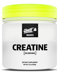 Ghost Basics Creatine powder tub with label highlighting transparent dosing for clarity and trust.