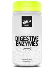 GHOST Basics Digestive Enzymes bottle showcases vegan formula for daily digestion and absorption.