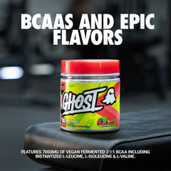 GHOST BCAA powder scoop highlights 7G per serving for workouts.