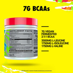 Ghost BCAA powder blue raspberry flavor in a scoop highlighting sugar-free amino support