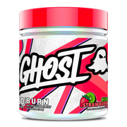 GHOST Burn Kiwi Strawberry tub showcases energy-boosting powder for workouts.