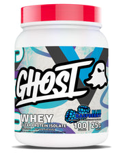 Ghost Clear Whey Isolate Blue Raspberry front label shows 25g protein per scoop.