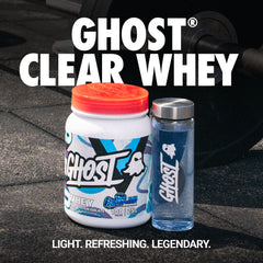 Ghost Clear Whey Isolate Blue Raspberry scoop highlights high protein content.