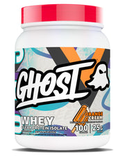 Ghost Clear Whey Orange Cream powder with transparent label and high protein per scoop.