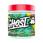 Ghost Greens Pink Lemonade tub label highlighting vegan, gluten-free formula and 30 servings.
