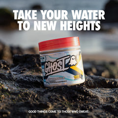 GHOST Hydration Lemon Crush pour depicting quick hydration during training.