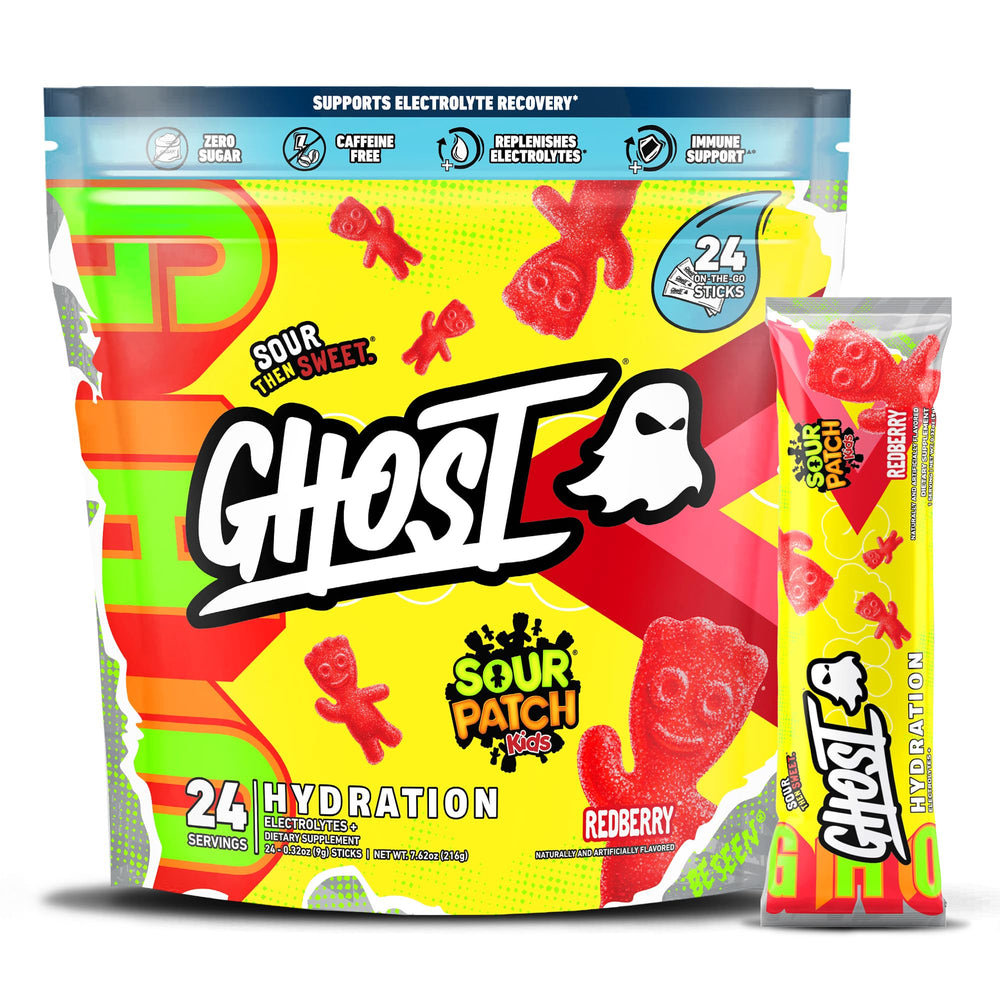 GHOST Hydration Sour Patch Kids Redberry stick for on-the-go electrolyte boost.