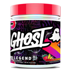 GHOST Legend All Out Strawbango scoop ready for a powerful pre-workout energy boost.