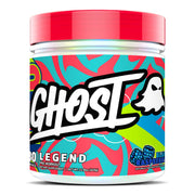 GHOST Legend blue raspberry tub shows a vegan-friendly pre-workout for energy.