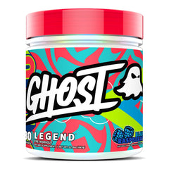 GHOST Legend blue raspberry tub shows a vegan-friendly pre-workout for energy.