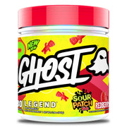 GHOST Legend pre-workout powder tub with redberry flavor showing a clean energy boost.