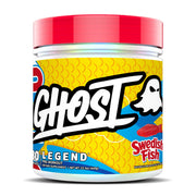 Ghost Legend Swedish Fish preworkout powder jar with vegan-friendly formula for clean pumps.