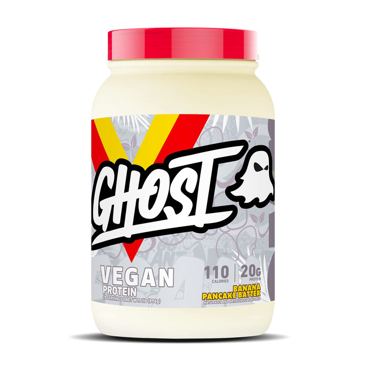 GHOST Vegan Protein sabor plátano para panqueques, botella de 2 libras, ideal para batidos.