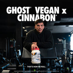 GHOST label on vegan protein tub shows exact pea and pumpkin protein amounts.