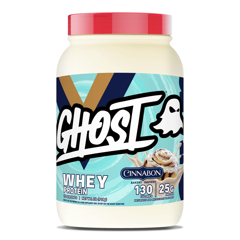 GHOST Whey Cinnabon tub front showcasing premium protein blend for post-workout nutrition.