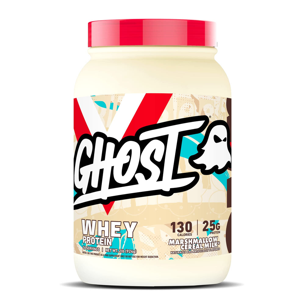 Ghost Whey Marshmallow Cereal Milk tub with transparent label for informed protein choices.