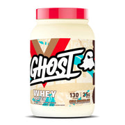 GHOST Whey Milk Chocolate tub front, ideal base for creamy shakes