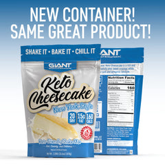 Pouring Giant Sports Keto Cheesecake Shake Mix into a glass highlights creamy cheesecake flavor.