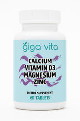 Giga Vita bottle-pour of calcium-d3-magnesium-zinc supplement supports daily bone and immune wellness.