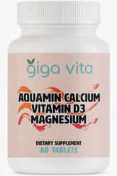 Giga Vita Aquamin calcium tablets bottle front showing plant-based calcium for bone support.