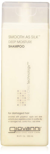 Giovanni Smooth As Silk Shampoo bottle showing color-safe care for damaged hair.