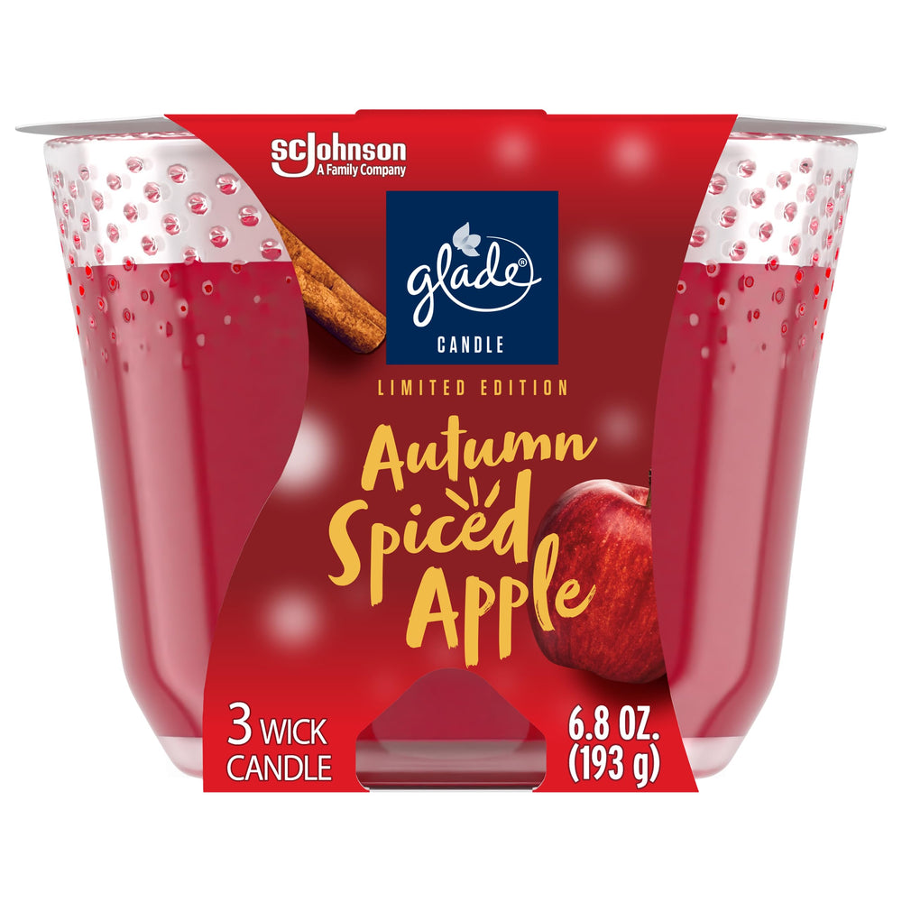 Glade Autumn Spiced Apple three-wick candle jar for warm, inviting fall ambiance.
