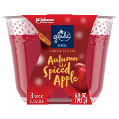 Glade Autumn Spiced Apple three-wick candle jar for warm, inviting fall ambiance.