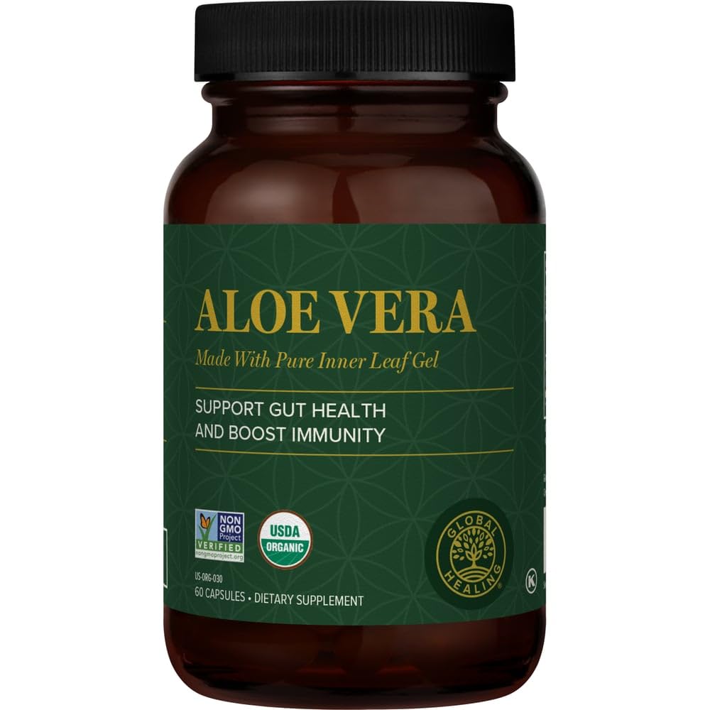 Global Healing Center Aloe Vera bottle pour for convenient daily gut support.