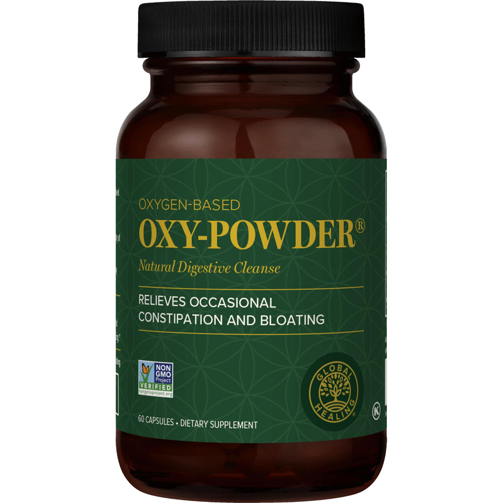 Global Healing Center Oxy-Powder bottle showing the capsule-based formula for gentle gut cleansing
