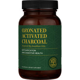 Global Healing Center ozonated activated charcoal capsules bottle closeup supports gut comfort.