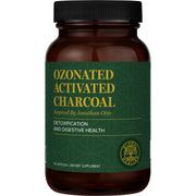Global Healing Center ozonated activated charcoal capsules bottle closeup supports gut comfort.