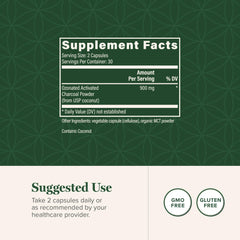 Global Healing Center ozonated activated charcoal capsules label highlights quality and detox potential.