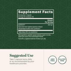 Global Healing Center Quercetin label highlights bromelain- and zinc-free formulation.