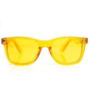 GloFX yellow color therapy glasses show bold frames for mood uplift and daytime clarity.