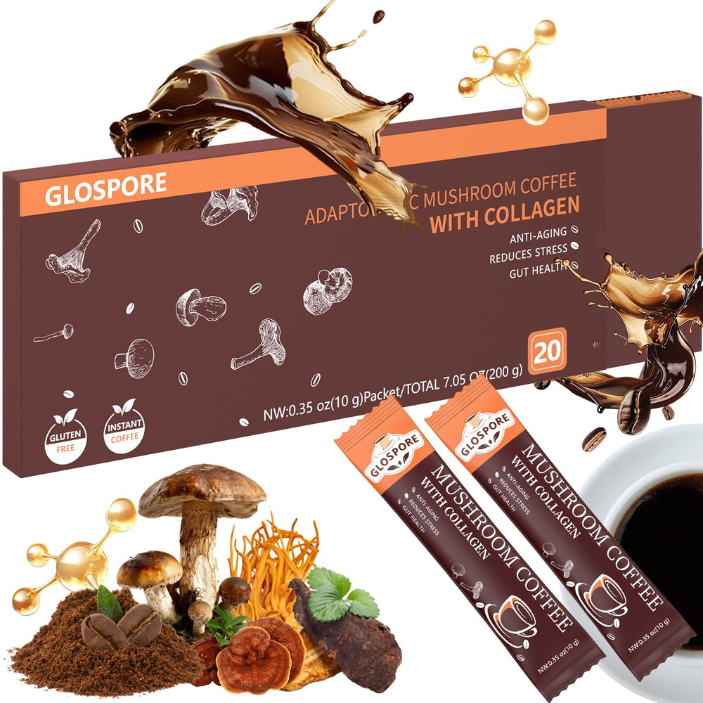 GLOSPORE instant mushroom coffee stick packaging for on-the-go energy.