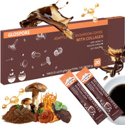 GLOSPORE instant mushroom coffee stick packaging for on-the-go energy.