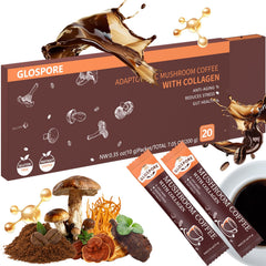 GLOSPORE instant mushroom coffee stick packaging for on-the-go energy.