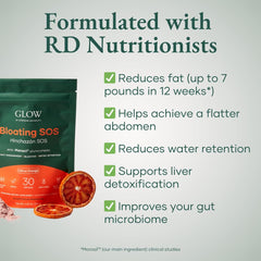 Glow Botanica Bloating SOS scoop dispensing a single daily serving.