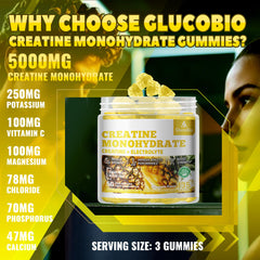 GlucoBio Creatine Gummies bottle back highlights vegan and free-from attributes
