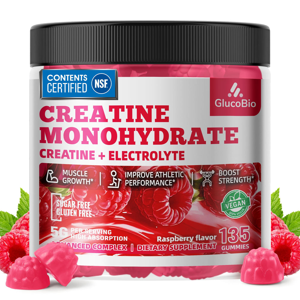 GlucoBio Creatine Monohydrate Gummies Raspberry bottle shown for convenient pre-workout energy