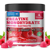 GlucoBio Creatine Monohydrate Gummies Raspberry bottle shown for convenient pre-workout energy