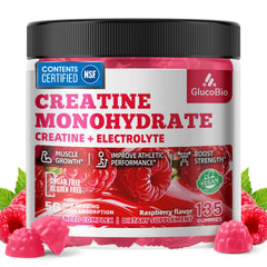 GlucoBio Creatine Monohydrate Gummies Raspberry bottle shown for convenient pre-workout energy
