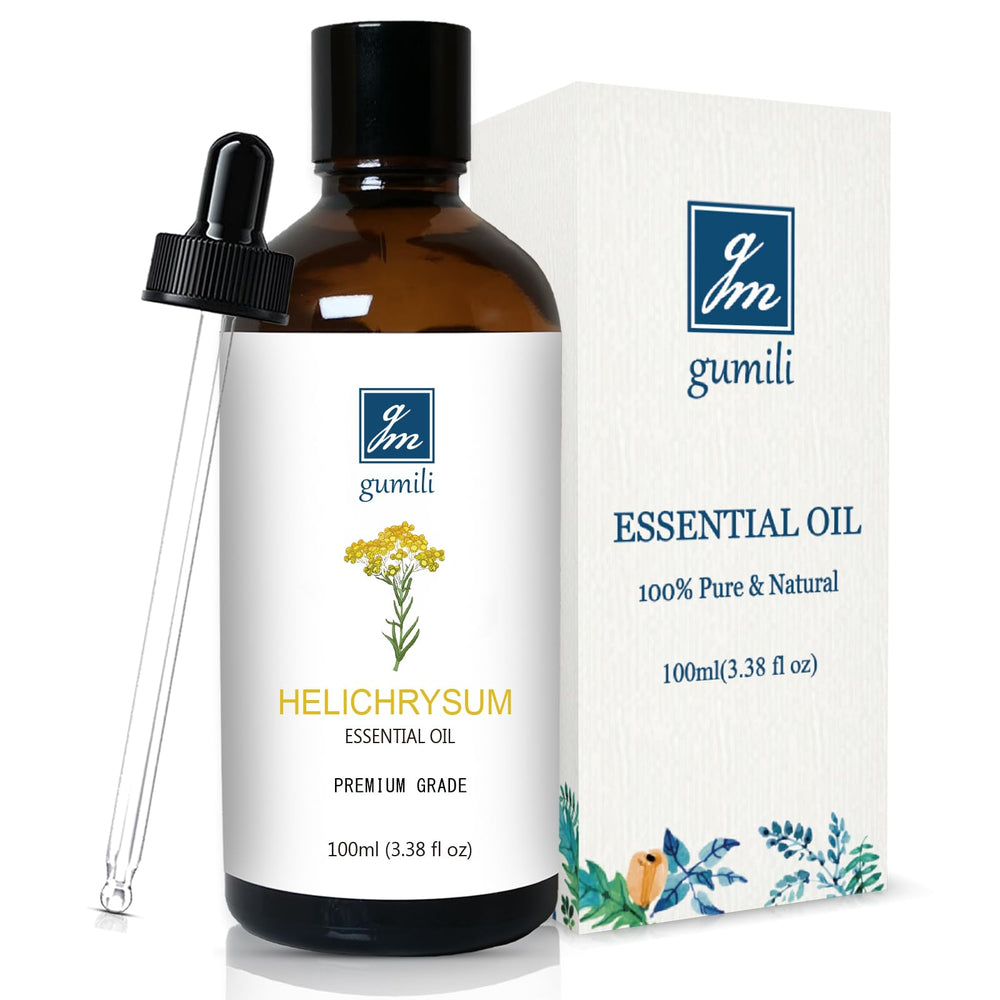 GM Gumili Helichrysum oil bottle close-up for skincare routines