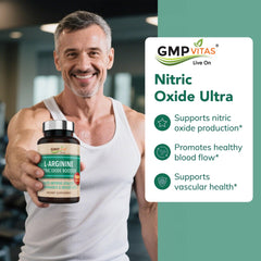 GMP Vitas Nitric Oxide label close-up shows L-Arginine blend for vascular support.