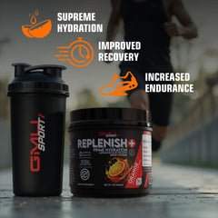 Glass with GMU SPORT Replenish+ Lemon Lime drink for endurance training