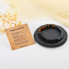 Gnamy triple protection bracelet tiger eye wrist shot showing natural shine and confidence